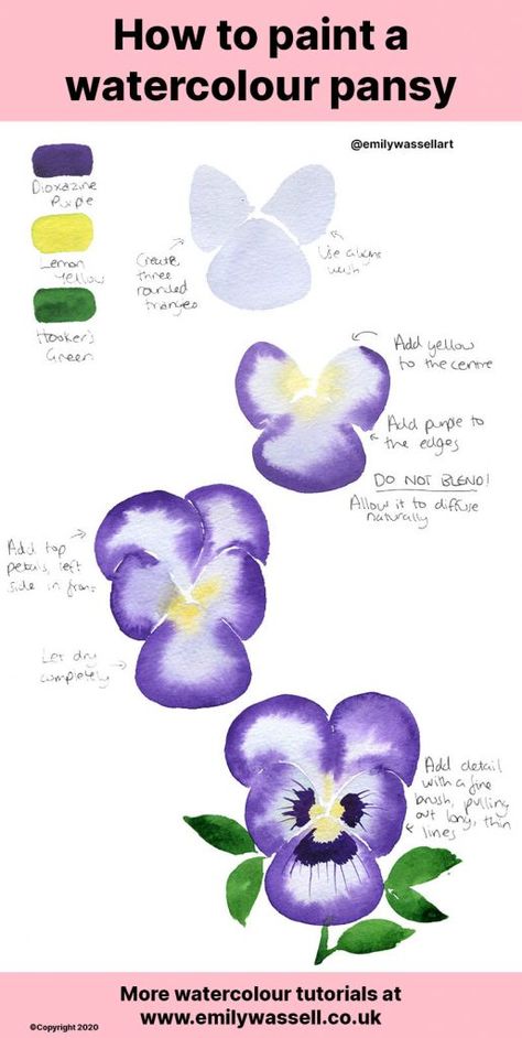 Watercolor Pansy Tutorial, How To Paint Pansies, Watercolour Pansy, Watercolour Flowers Tutorial, Watercolour Art Ideas, Watercolour Flowers Painting, Pansies Watercolor, Watercolor Flower Tutorial, Watercolour Painting For Beginners