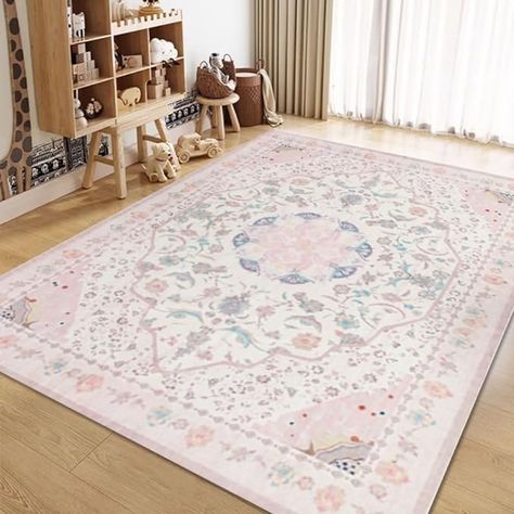 Amazon.com: auruge Area Rug - Vintage 5x7 Non-Slip Backing Area Rugs Light Pink Soft Faux Wool Carpet Foldable & Machine Washable Rugs for Living Room Bedroom Dining Room Nursery Home Office : Home & Kitchen Pink Nursery Rug, Girls Room Rug, Girls Bedroom Rug, Nursery Rugs Girl, Girls Nursery Floral, Toddler Girl Room, Rugs For Living Room, Pink Nursery