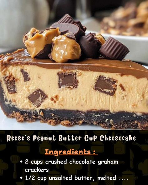 Ingredients: 2 cups crushed chocolate graham crackers 1/2 cup unsalted butter, melted 3 (8 oz) packages cream cheese, softened... Cup Cheesecake, Peanut Butter Cup Cheesecake, Chocolate Graham Crackers, Best Cheesecake, Peanut Butter Cheesecake, Peanut Butter Cup, Reeses Peanut Butter Cups, Reeses Peanut Butter, Frugal Meals