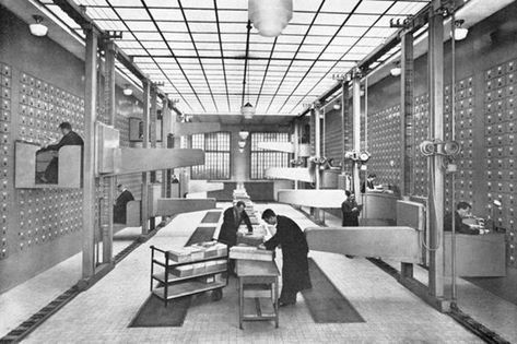 The offices of the Central Social Institution of Prague with the largest vertical letter file in the world, 1937 Archives Room, Rare Historical Photos, Social Security Administration, Prague Czech Republic, File Storage, Stunning Interiors, Retro Futurism, Storage Room, Zeppelin