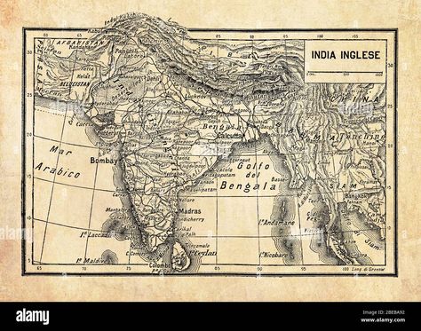 Download this stock image: Ancient map of British Empire in India or British Raj on the Indian subcontinent, formed by India, Pakistan, and Bangladesh with geographical Italian names and descriptions - 2BEBA92 from Alamy's library of millions of high resolution stock photos, illustrations and vectors. Italian Names, Ancient Map, Indian Subcontinent, India Map, History Images, Ancient Maps, British Empire, India And Pakistan, Pakistan