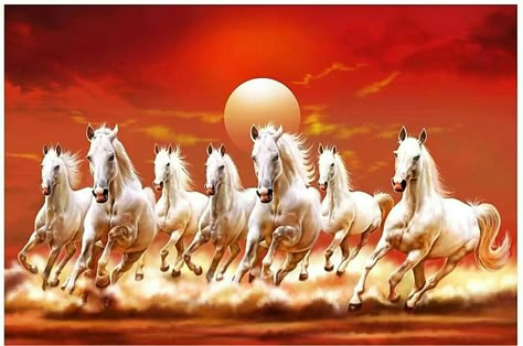 Horses Running Painting, Running Horse Wallpaper For Phone, 7 Horses Running Painting Vastu Wallpaper, Seven Horses Painting, Running Painting, 7 Horses, Colorful Horse Painting, Horse Background, Lucky Wallpaper