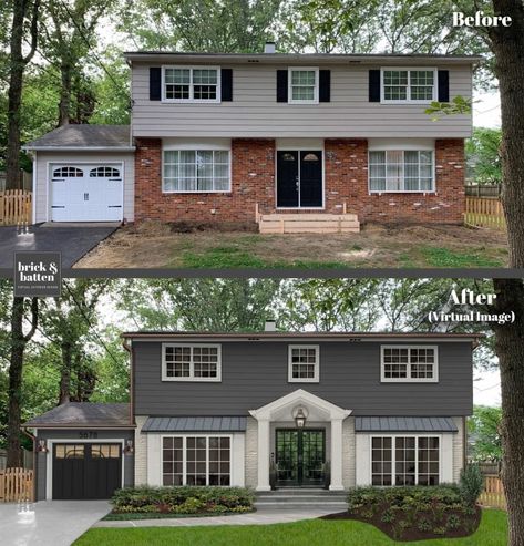 21 Painted Houses to Inspire You in 2024 - brick&batten Grey Siding With Brick, Flat Front House, Grey Painted Brick House, Siding With Brick, Dark Grey Siding, Outdoor House Colors, Grey Painted Brick, Dark Siding, White Painted Brick