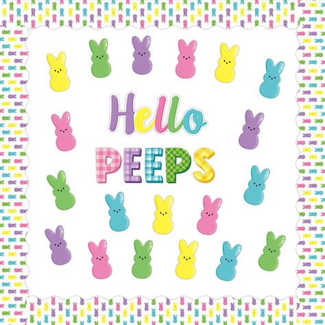 Peeps Door Decorations Classroom, Peeps Bulletin Board Ideas, Easter Bulletin Boards For Daycare, Easter Basket Bulletin Board, Border Bulletin Board, Hanging With My Peeps Bulletin Board, Bulletin Board For School, Bulletin Boarders, Easter Classroom Decorations