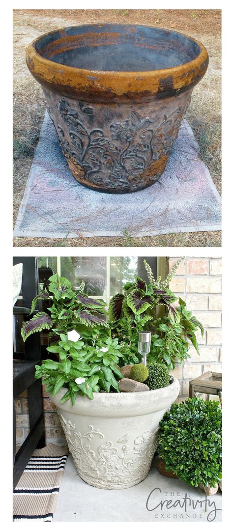 Don't throw away those old beat up fiberglass garden pots.  Transform them instantly with paint.  Tips for what paints to use. Painting Outdoor Pots Planters, Painting Outdoor Pots, Painting Outdoor Planters, Spray Paint Plant Pots, Painting Garden Pots, Painting Outdoor Wood Furniture, Gardening Gadgets, Painting Metal Outdoor Furniture, Paint Garden Pots