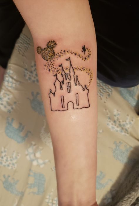 Disney Castle Tinkerbell Tattoo, Disney Fireworks Tattoo, Disney Memorial Tattoo, Disneyland Castle Tattoo, Subtle Disney Tattoos, Disneyland Tattoo, Disney Tattoos Unique, Eeyore Tattoo, Firework Tattoo