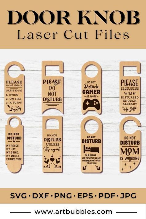 Create beautiful wooden letters and personalized decor using laser engravings, perfect for nursery themes or home accents! Wood Door Knobs, Wooden Letter Crafts, Wooden Door Knobs, Door Knob Hanger, Laser Cut Decor, Hanger Crafts, Doorknob Hangers, Door Hangers Diy, Laser Cut Wood Crafts