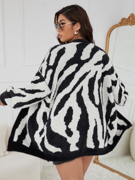 Black and White Casual  Long Sleeve Nylon Zebra Stripe Cardigan  Slight Stretch Fall/Winter Plus Size Knitwear Plus Size Knitwear, Winter Plus Size, Fluffy Knit, Stripe Cardigan, Plus Size Cardigans, Pocket Cardigan, White Zebra, Striped Cardigan, Shein Style