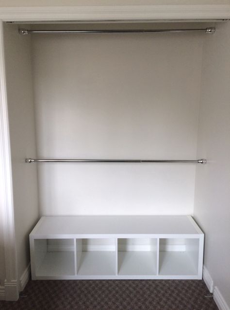 Bottom Closet Storage, Closet Ground Storage, Closet With Double Rods, Extend Closet Space, Bottom Of Closet Storage, Room Ideas Without Closet, Tension Rod Closet Hanging Clothes, Bottom Closet Organization, Bottom Of Closet Organization