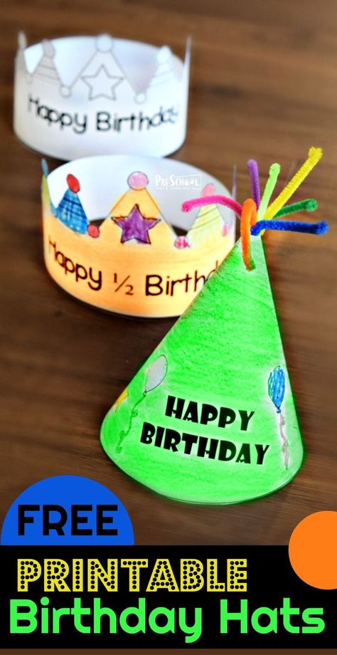 FREE Printable Birthday Hats - super cute free happy birthday hats for kids to print, color, and wear for their actual or half birthday. Several choices to choose from #preschool #kindergarten #birthday One And A Half Birthday, Birthday Crafts Preschool, Happy Birthday Crafts For Kids, Birthday Hat Template, Happy Birthday Free Printable, Kindergarten Birthday, Preschool Birthday, Half Birthday Party, Birthday Cap