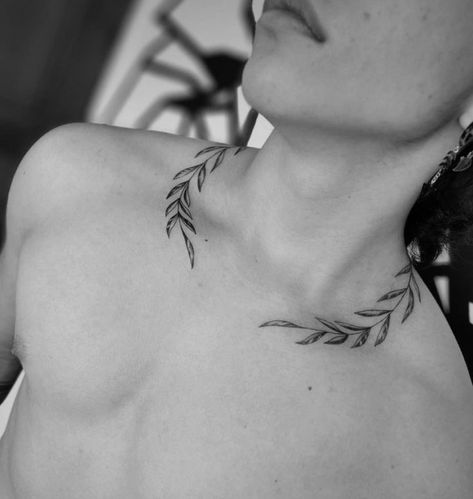 Leaves Around Neck Tattoo Men, Vine Collar Bone Tattoo Men, Men’s Greek Tattoos, Laurel Neck Tattoo, Lion Wings Tattoo, Greek Laurel Wreath Tattoo, Neck Leaves Tattoo, Greek Leaves Tattoo Neck, Neck Leaf Tattoo