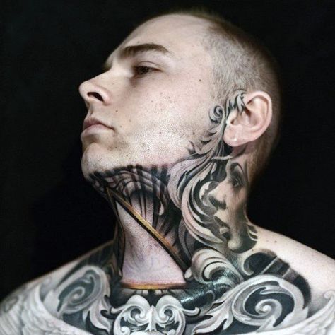 80 Throat Tattoos For Men - Cool Masculine Design Ideas Mens Throat Tattoo, Throat Tattoo Designs, Back Of Neck Tattoo Men, Throat Tattoos, Rose Neck Tattoo, Nikko Hurtado, Best Neck Tattoos, Small Chest Tattoos, Tattoo Neck