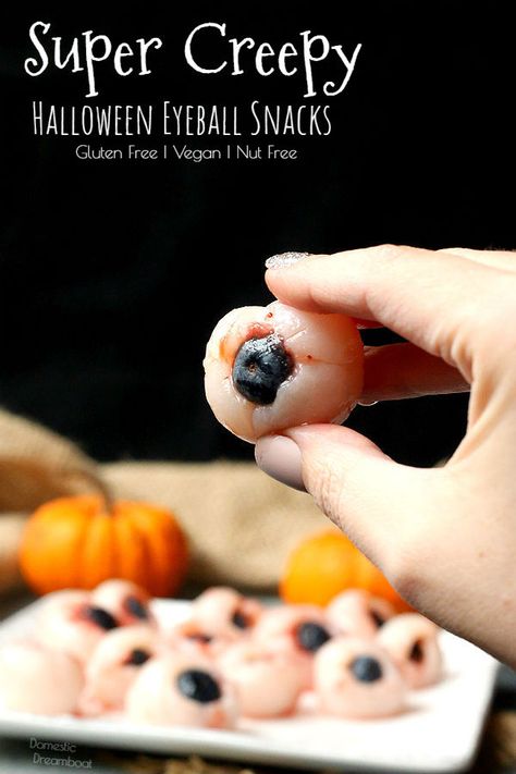 Spooky Halloween Eyeball Snacks - Domestic Dreamboat Eyeball Snacks, Halloween Themed Snacks, Low Sugar Jam, Halloween Date, Spooky Halloween Treats, Eye Balls, Healthy Halloween Treats, Drink Garnishing, Nutritional Snacks