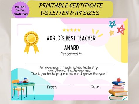 Buy Teacher Appreciation Award Custom Certificate Template Online in India - Etsy Worlds Best Teacher, Teacher Gift Printables, Teacher Awards, Appreciation Printable, Printable Certificates, Certificate Of Appreciation, Teacher Personalized, Gift Printable, Personalized Teacher Gifts