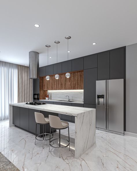 Dark Modern Kitchen, Dark Grey Kitchen Cabinets, Modern Grey Kitchen, Minimal Kitchen, Modern Kitchen Cabinet Design, Modern Kitchen Interiors, Kitchen Design Plans, Modern Kitchen Cabinets, House Design Kitchen