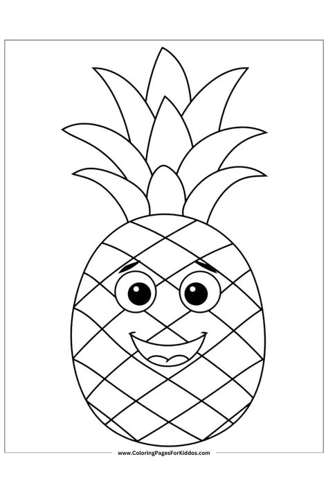 Cute smiling pineapple with big eyes, perfect for a tropical-themed coloring activity. Pineapple Coloring Page, Free Cute Coloring Pages, Cute Animals Coloring Pages, Cute Coloring Pages For Kids, Cute Coloring Page, Cute Animals Coloring, Animals Coloring Pages, Printables For Kids, Animals Coloring