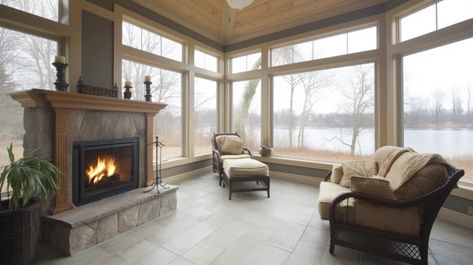 The Benefits of Adding a Fireplace to Your Sunroom Small Sunroom With Fireplace Ideas, Sun Room Design, Sunroom With Fireplace, Adding A Fireplace, Small Sunroom, Tv Over Fireplace, Fake Fireplace, 4 Season Room, Sun Rooms