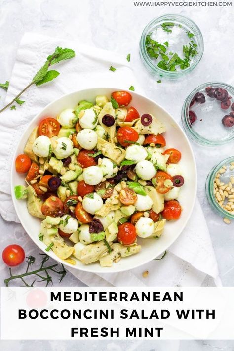 Soft, creamy bocconcini cheese stars in this delicious salad bursting with summery Mediterranean flavors. Cherry tomatoes and bocconcini pair with artichokes and avocado for a filling lunch or side dish. With a fresh mint and lemon dressing, this is a fresh alternative to the traditional caprese salad and will shine at your next barbecue or potluck!   #summerrecipes  #summersalad  #vegetarian Bocconcini Salad, Cheese Stars, Recipes With Cool Whip, Salad With Mint, Mediterranean Flavors, Vegetarian Barbecue, Easy Summer Dinners, Vegetarian Salad Recipes, Filling Lunch