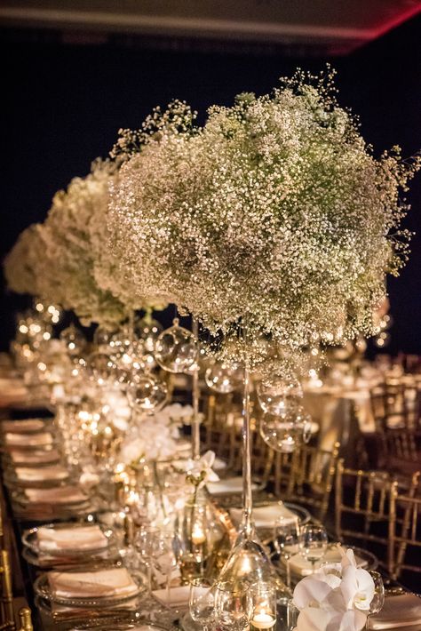 Baby's Breath "Cloud" Centerpieces Green White And Gold Wedding, White And Gold Wedding Reception, Wedding Reception Centerpiece, Gold Wedding Reception, Kay Kay, White And Gold Wedding, Luxury Green, Party Tablescapes, Enchanted Forest Wedding