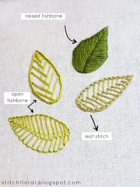 Open and raised fishbone stitches and leaf stitch - Stitch Floral Leaf Pattern Embroidery, Leaf Stitch, Fishbone Stitch, Open Fishbone Stitch, Embroidered Leaf, Leaf Stitches Embroidery, Fishbone Stitch Embroidery, Embroidery Stitches Fishbone, Leaf Stitch Embroidery Designs