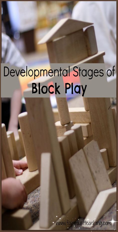 Learn more about the Developmental Stages of Block Play at http://fairydustteaching.com/2011/03/developmental-stages-of-block-play/. Block Center Preschool, Preschool Building, Papan Tulis Kapur, Child Development Theories, Fairy Dust Teaching, Blocks Preschool, Construction Play, Block Center, Block Play