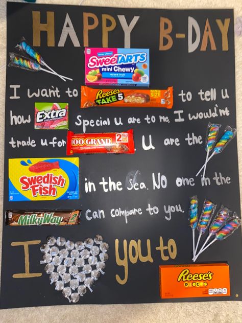 Cute B Day Gifts For Boyfriend, Candy Board For Boyfriend, Candy Poster Board, Candy Bar Poems, Candy Birthday Cards, Candy Posters, Candy Boards, Sweet Love Letters, Homemade Birthday Gifts