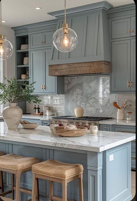 Kitchen Design With Color, Blue Cabinet Kitchen Ideas, Blue Aesthetic Kitchen, Kitchen Colors 2024, Unique Kitchen Color Ideas, Southern Grandmillenial, Blue Kitchens Ideas, Color Cabinets Kitchen, Small Kitchen Color Ideas