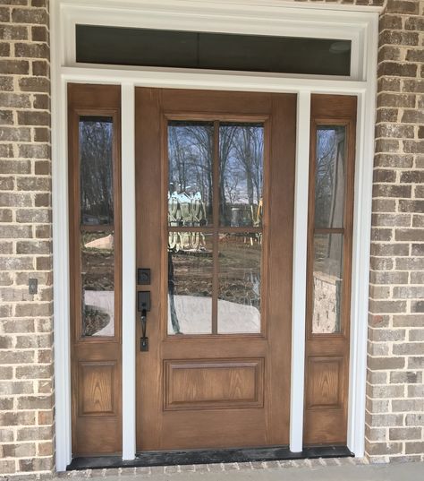 Stained Front Door With Sidelights, Gel Stain On Fiberglass Front Door, Fiberglass Front Doors With Glass Panels, Stainable Fiberglass Front Door, Replacing Front Door With Sidelights, Gel Stain Colors On Fiberglass Door, Gel Stained Front Door, Gel Stained Fiberglass Front Door, Gel Stain Front Door Fiberglass Colors