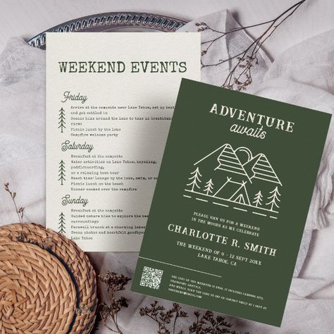 Adventure Awaits Modern Simple Camp Bachelorette Invitation Bachelorette Camping, Lunch On The Beach, Summer Camp Wedding, Bachelorette Invitation, Beach Dinner, Bachelorette Invitations, Camp Wedding, Bachelorette Party Invitations, Welcome To The Party