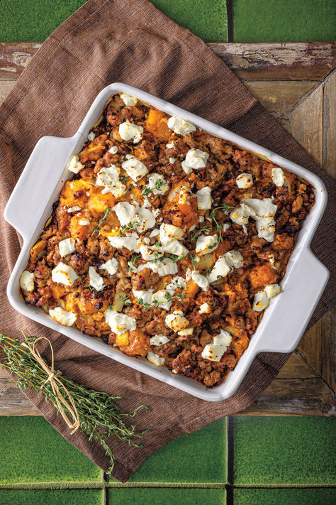 This hearty Turkey & Squash Casserole blends lean ground turkey with tender butternut squash and creamy goat cheese for a satisfying meal full of fall flavors. Butternut Squash Ground Beef, Ground Turkey And Butternut Squash, Ground Turkey Butternut Squash, Turkey Squash, Turkey Stuffing Casserole, Ground Turkey Casserole, Sausage Stuffed Shells, Turkey Dinners, Butternut Squash Casserole