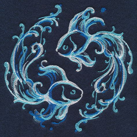 Dive into new creative machine embroidery projects with a pair of fish made to look like water. They are swimming in the shape of the Yin Yang symbol. This machine embroidery design contains sheer stitching and black areas that are open to fabric. Use dark-colored fabrics for best results. Fish Circle, Yin Yang Fish, Types Of Embroidery Stitches, Sashiko Stencils, Freestanding Lace Embroidery, Machine Embroidery Projects, Water Element, Types Of Embroidery, Embroidery Supplies