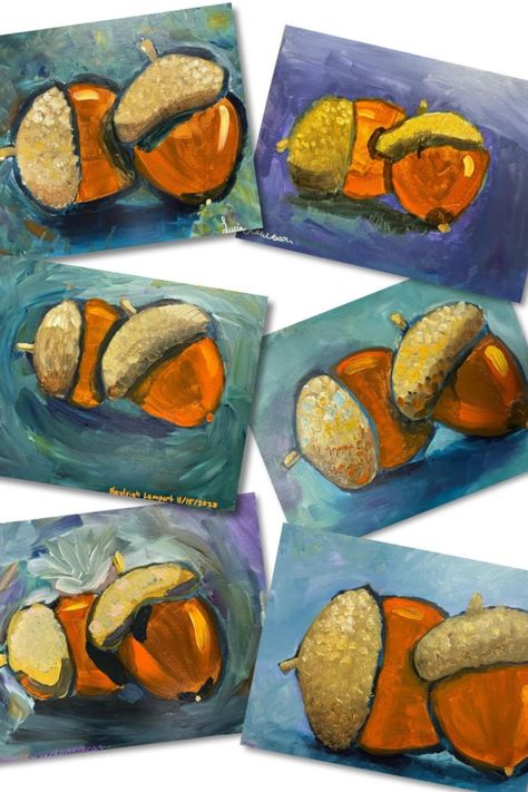 These acrylic acorn paintings were done by kids ages 10-11. This is a fun painting idea for fall! Visit the link to see more! #fallartideas #acornpaintings Acorn Painting, September Art, Elementary School Art, Middle School Art Projects, 2nd Grade Art, Fall Art Projects, 6th Grade Art, 4th Grade Art, 5th Grade Art