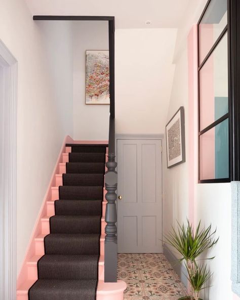 Hallway colour ideas - pink Hallway Colour Ideas, Bright Hallway, Hallway Paint, Hallway Colours, Luxury Paints, Hallway Inspiration, Encaustic Cement Tile, Cement Floor, Pink House