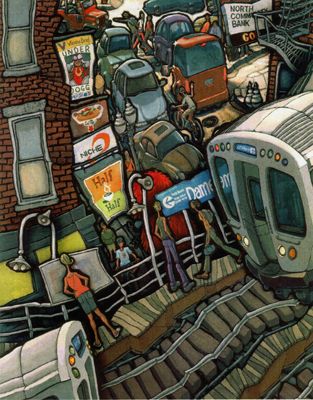 "Damen & North" by Michael Birawer. Artist Michael Birawer has brought a new look to the face of urban neighborhoods through his unique style of painting. A combination of graffiti, cartoon, illustration, and heavy textures, his paintings have received praise from both art critics and patrons, who describe his work as "one of the best examples of the revival of contemporary urban art." Typographic Portrait, Chicago Living, Skulls Art, North Chicago, It's December, City Of Chicago, Chicago Art, Spiritual Artwork, Dimension 20