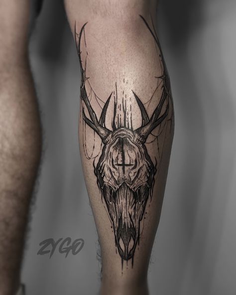 deer skull, tattoo, dark style drawing Deer Skull Shin Tattoo, Antlers Around Knee Tattoo, Viking Knee Tattoo, Deer Leg Tattoo, Deer Knee Tattoo, Deer Skull Knee Tattoo, Antler Knee Tattoo, Skull Shin Tattoo, Deer Skull Tattoo For Men