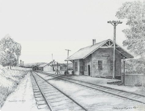 Thompson Railroad Station, Pen & Ink Drawing, Sherry Sparks Endless Treasures endlesstreasures.zenfolio.com Railway Station Drawing Sketch, Train Station Drawing, Perspective Building Drawing, Backgrounds Drawing, Pencil Art For Beginners, Train Drawing, Pen Ink Drawing, Old Steam Train, Drawing Scenery