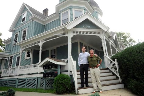 Queen Anne-style home a throwback to Stamford’s earlier days Stone Porch, L Shaped Stairs, Updated Victorian, Stone Porches, Queen Anne House, American Chestnut, Queen Anne Style, Event Hall, Green Queen