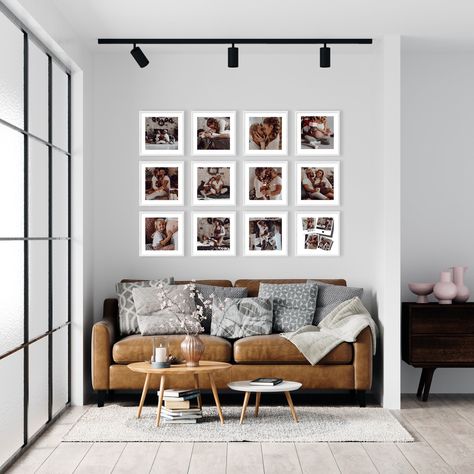 Photo Wall Tiles, Photo Wall Collage Living Room, Framed Photo Wall, Collage Mural, Stick Tiles, Square Tiles, Wall Frames, Square Tile, Photo Wall Collage