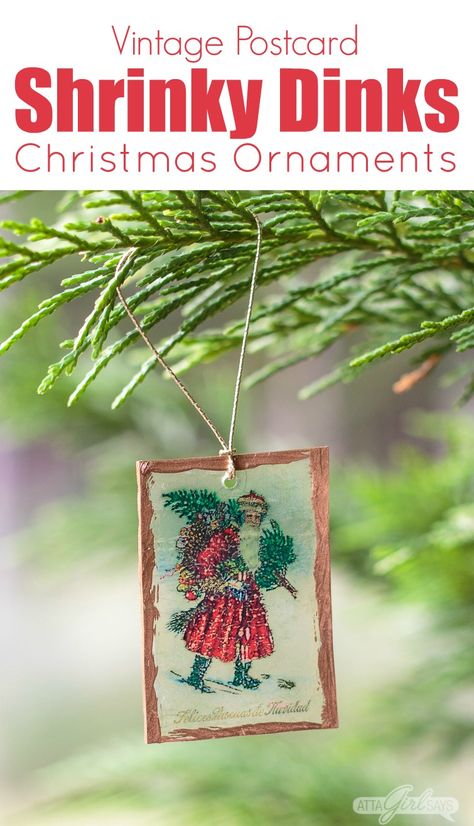 Create stunning Shrinky Dinks Christmas ornaments using artwork from vintage postcards. Learn how to make them and get the free printable Shrinky Dinks here. #christmasornaments #shrinkydinks #handmadechristmas #christmasornaments #decoratethetree Vintage Postcard Crafts Ideas, Shrinky Dink Christmas Ornaments, Shrinky Dink Crafts, Diy Mantel, Shrink Art, Diy Christmas Tree Ornaments, Shrinky Dink, Christmas Tradition, Mini Ornaments