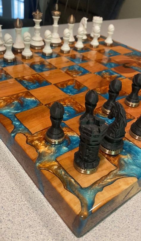 Epoxy Resin and solid Cherry wood Chess Board.  Will take requests for customization Made to order Epoxy Resin Chess Board, Epoxy Chess Board, Resin Chess Board, Fun Woodworking Projects, Checkerboard Table, Woodworking Items That Sell, Resin And Wood Diy, Wood Chess Board, Epoxy Tables