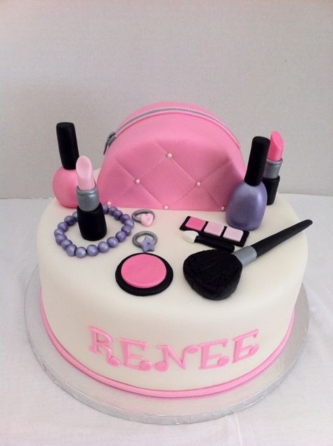 I've never seen such perfect  fondant makeup!! Make Up Torte, Birthday Cakes Girls Kids, Makeup Birthday Cakes, Spa Cake, Makeup Cake, Girly Cakes, Make Up Cake, Childrens Birthday Cakes, Birthday Cake Kids