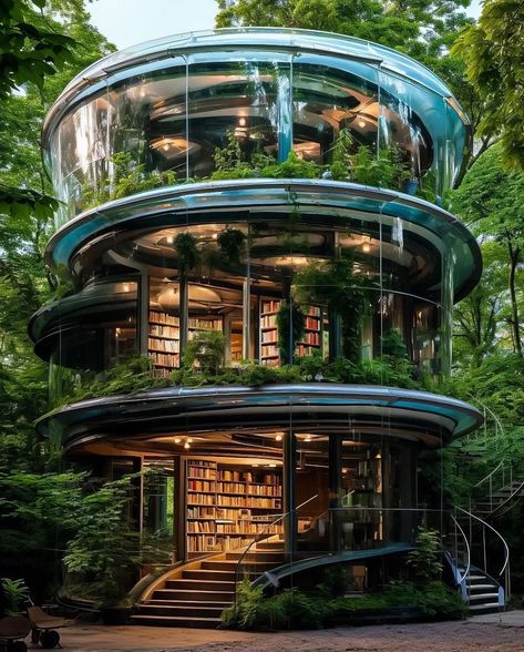 Futuristic Library, Architecture Cool, Flower Garden Design, Unique House Design, Fantasy House, Unique Houses, Library Design, Forest House, Design Your Dream House