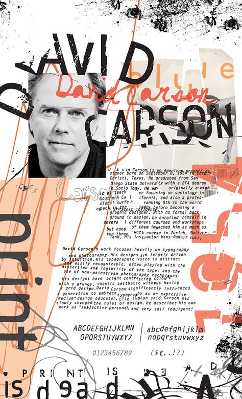 16" x 26" biography poster of graphic designer David Carson Biography Design Layout, Person Poster Design, Biography Poster, David Carson Work, David Carson Typography, Collage Text, David Carson Design, Text Art Design, Mises En Page Design Graphique