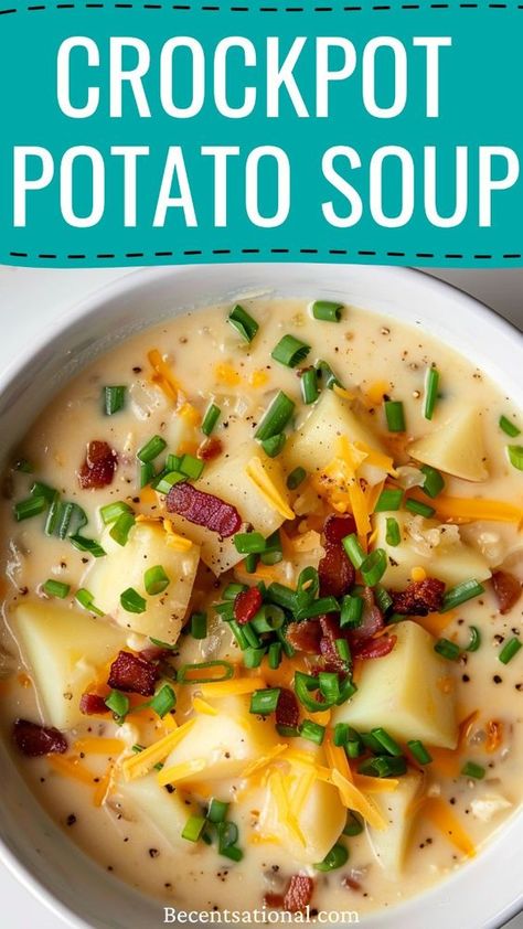 Cheesy Crockpot Potato Soup for a rich and comforting meal! This recipe combines tender potatoes with a creamy, cheesy broth for a soup that's perfect for any occasion. Ideal for family dinners and gatherings, this soup is sure to be a hit with everyone. With easy preparation and slow cooker simplicity, you can enjoy a delicious, homemade meal without the hassle. Save this pin for a cheesy crockpot potato soup recipe that will become a new favorite. Crockpot Potato Soup, Easy Crockpot Soup, Crockpot Potato, Slow Cooker Potato Soup, Fall Crockpot Recipes, Slow Cooker Potatoes, Potato Soup Crock Pot, Easy Crockpot Dinners, Homemade Soup Recipe