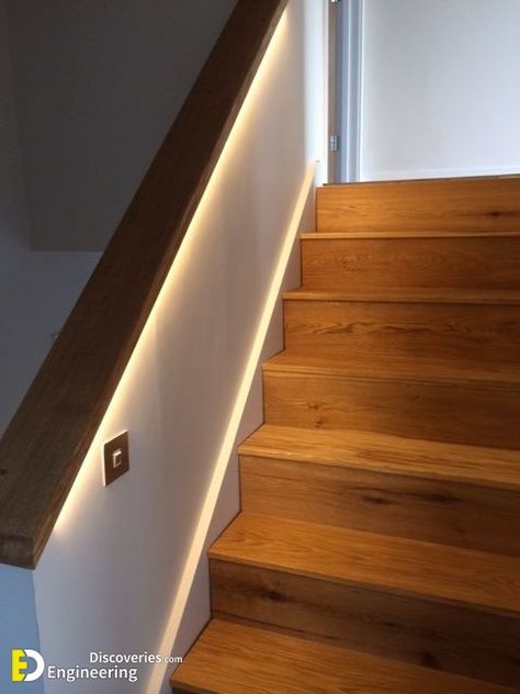 Basement Handrail, Half Wall Staircase, Wanaka House, Minimal Stairs, Led Lighting Ideas, Handrail Lighting, Staircase Lighting Ideas, Audi Wagon, Oak Staircase