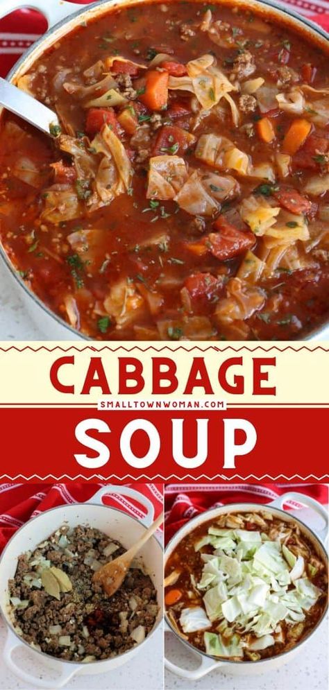 A quick family dinner idea for tonight! This is the best cabbage soup recipe made with ground beef, ground pork sausage, cabbage, onions, garlic, carrots and fire roasted tomatoes. It's perfectly seasoned making it so delicious for weeknight dinners! Save this comfort food recipe! Best Cabbage Soup Recipe, Best Cabbage Soup, Sausage Cabbage, Beef Cabbage Soup, Garlic Carrots, Cabbage Soup Recipe, Ground Beef And Cabbage, Quick Family Dinners, Cabbage And Sausage