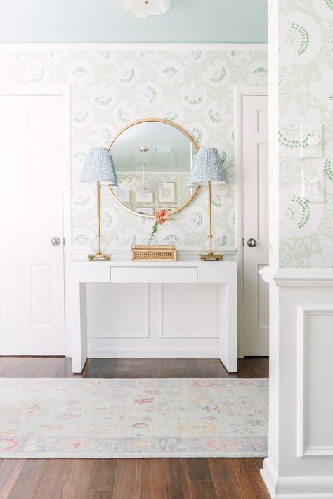 Portfolio — Victoria Meadows Interiors Grandmillenial Hallway, Grand Millennial Lamp, Oyster Creek Studios Bedroom, Grand Millenial Entryway, Grandmillenial Entryway Ideas, Grand Millennial Mantle Decor, Modern Grand Millennial Decor, Coastal Grand Millennial Style, Coastal Modern Interior Design