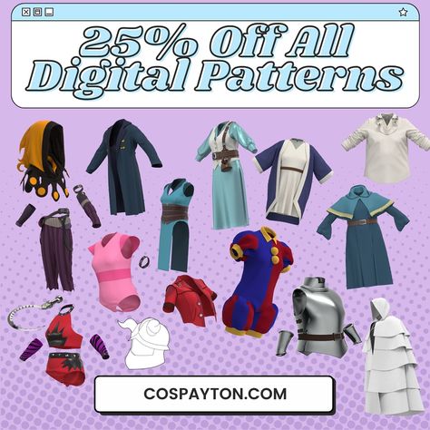 📣 From now until July 31st take 25% off every sewing pattern, blueprint, and 3D model that I offer! 📣⁠ ⁠ This is the perfect way to stock up on patterns for future projects OR just to increase your pattern hoarding like I do ✨⁠ ⁠ You can find all of these patterns and MORE at the link in my bio. Thank you for the support and for shopping patterns BY a cosplayer FOR cosplayers 💖⁠ ⁠ (Discount applies automatically at checkout. Sale ends July 31st at 11:59 pm EST. Not able to be combined with an... Cosplay Tutorial, 11 59, Diy Sewing Clothes, Sewing Clothes, Digital Pattern, Dress Patterns, Diy Sewing, Sewing Pattern, Sewing Patterns