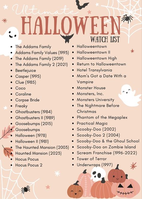 Ultimate Halloween Watch List | Spooky Season | Spooky Szn | Scary Movies | Family Movies | Halloween Movies | Ghosts | Goosebumps | Hocus Pocus | Halloweentown | Spooky Halloween Movies List, Spooky Movies List, Fall Wallpaper Hocus Pocus, Spooky Season Activities, Spooky Season Movie List, Spooky Season Crafts, Halloween Watch List, Halloween Movie Party, Halloweentown Movie