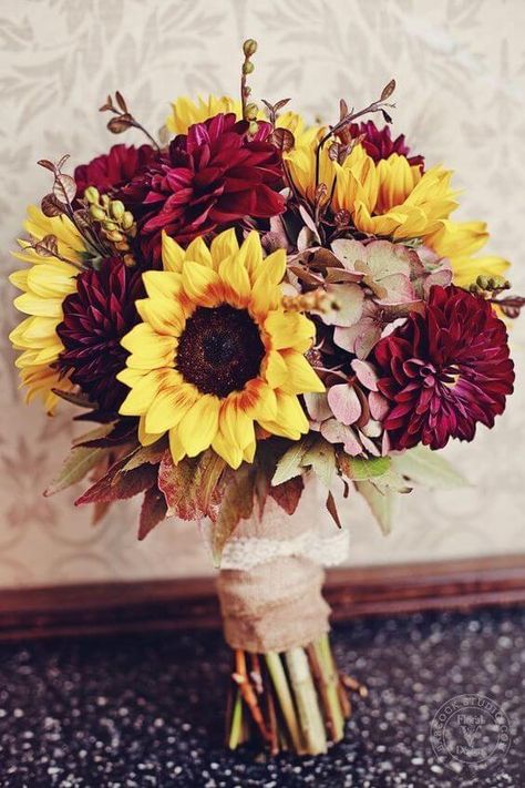 Sunshine Burgundy and Yellow Fall Wedding Color Inspirations - ColorsBridesmaid Wedding Flowers Sunflowers, Fall Bridesmaids, Sunflower Wedding Bouquet, Maroon Wedding, Fall Bridesmaid Dresses, Bridal Bouquet Fall, Autumn Bride, Wedding Themes Fall, Sunflower Bouquets